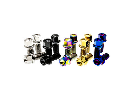 Titanium M14x1.5 ball seat wheel bolts grouped by anodized finish, standing and flat