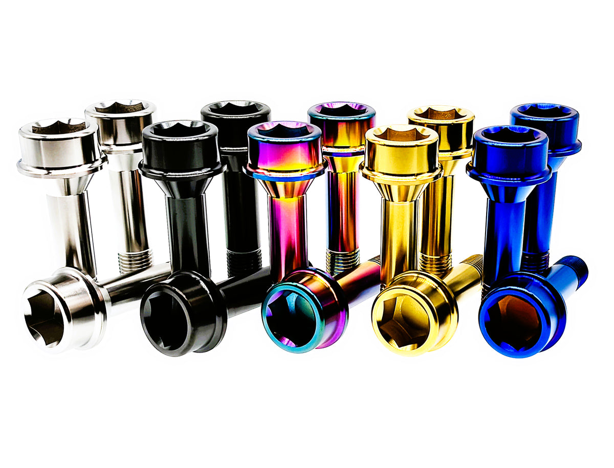 Titanium M14x52mm Ferrari lug bolts in five finishes with 17mm internal hex sockets