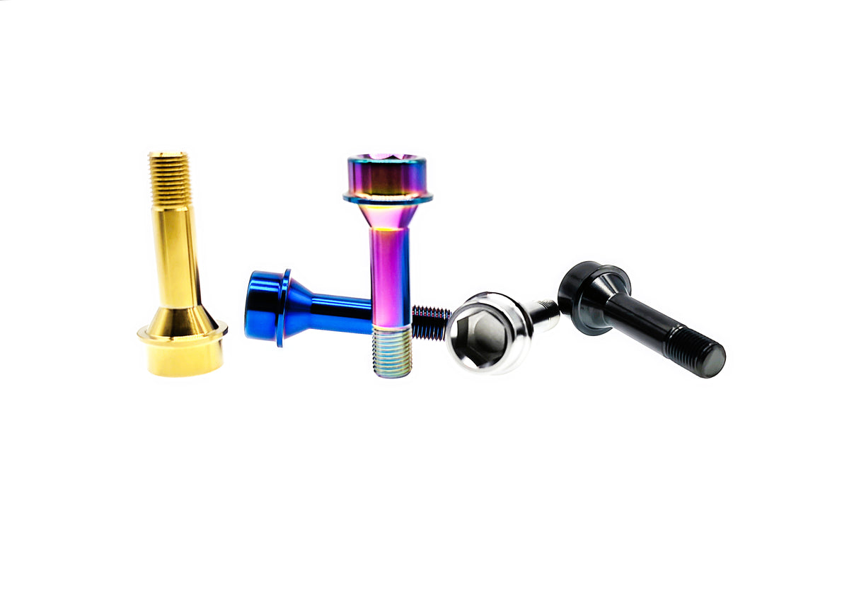 Titanium M14x52mm wheel bolts in gold, blue, rainbow, silver and black finishes