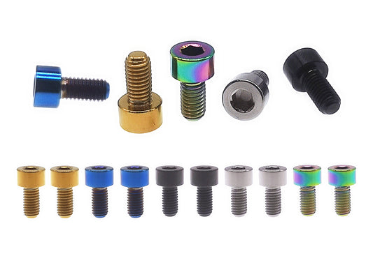 Titanium M5 DIN912 socket cap screws in gold, blue, black, natural and rainbow finishes