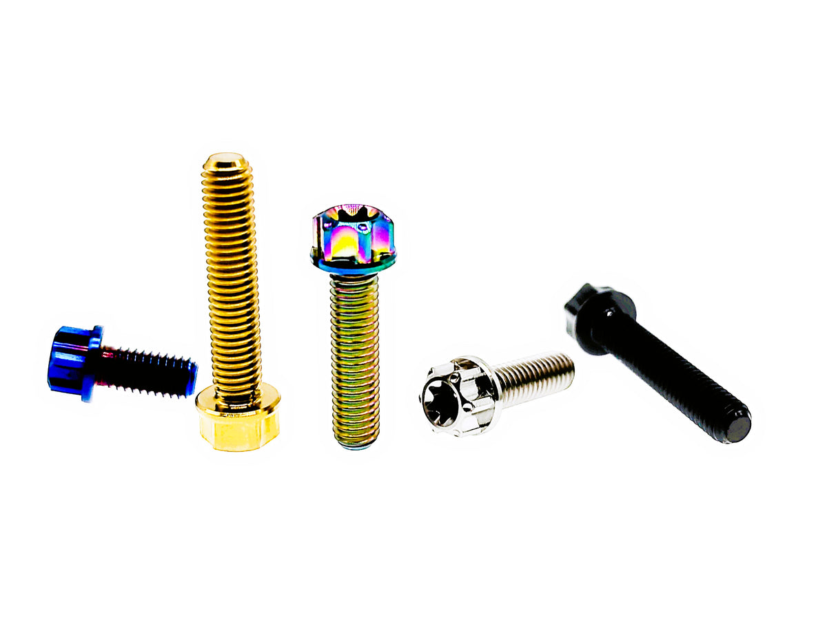 Titanium M5 flange Torx head bolts in burn blue, gold, rainbow, silver and black