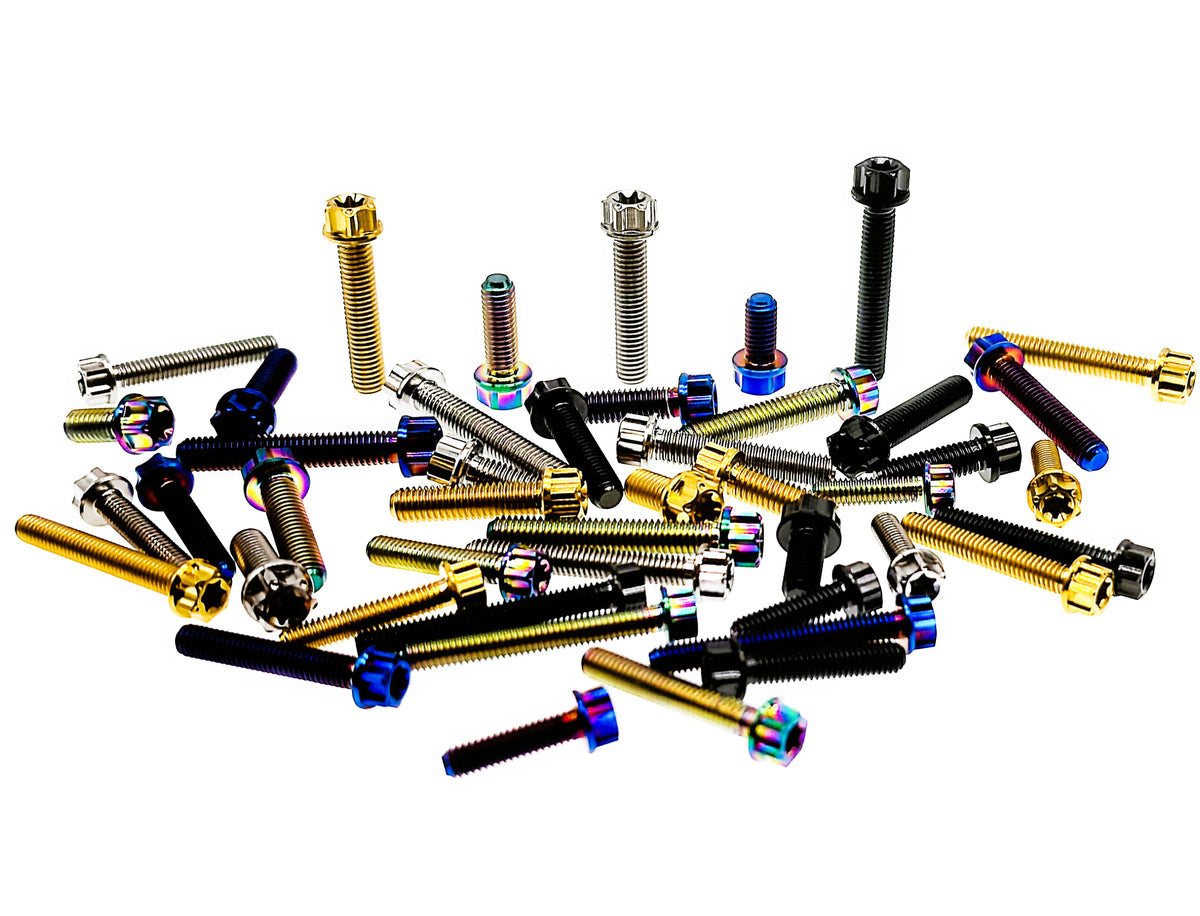 Titanium M5 and M5 flange Torx head bolts in five colors and ten lengths