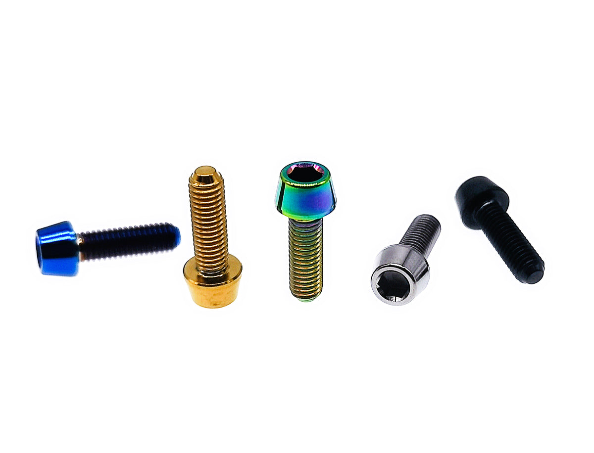 Titanium M5 tapered hex socket cap screws in blue, gold, rainbow, silver and black