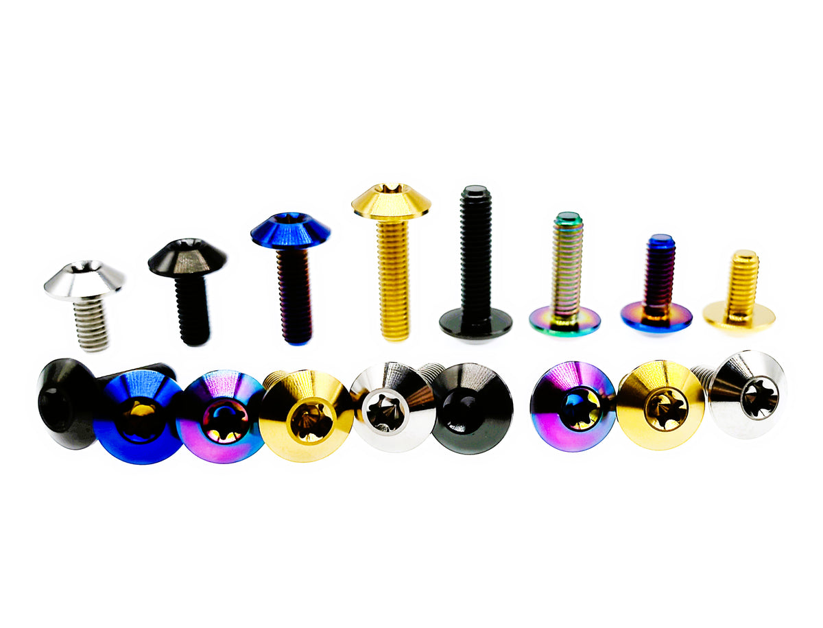 Titanium M5 umbrella Torx bolts in mixed lengths with a front row of heads facing forward