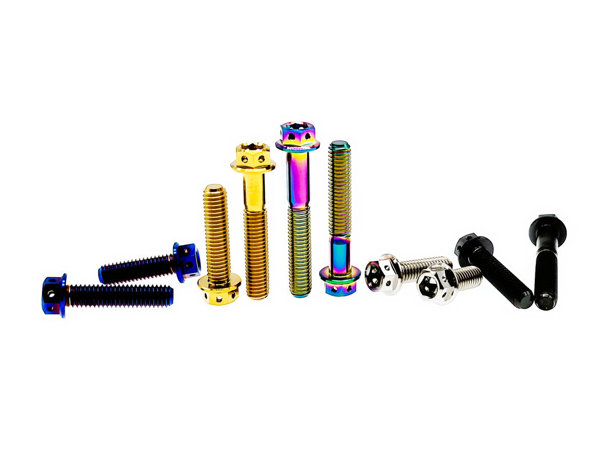 Titanium M6 flange hex head bolts with drilled safety wire holes in five finishes