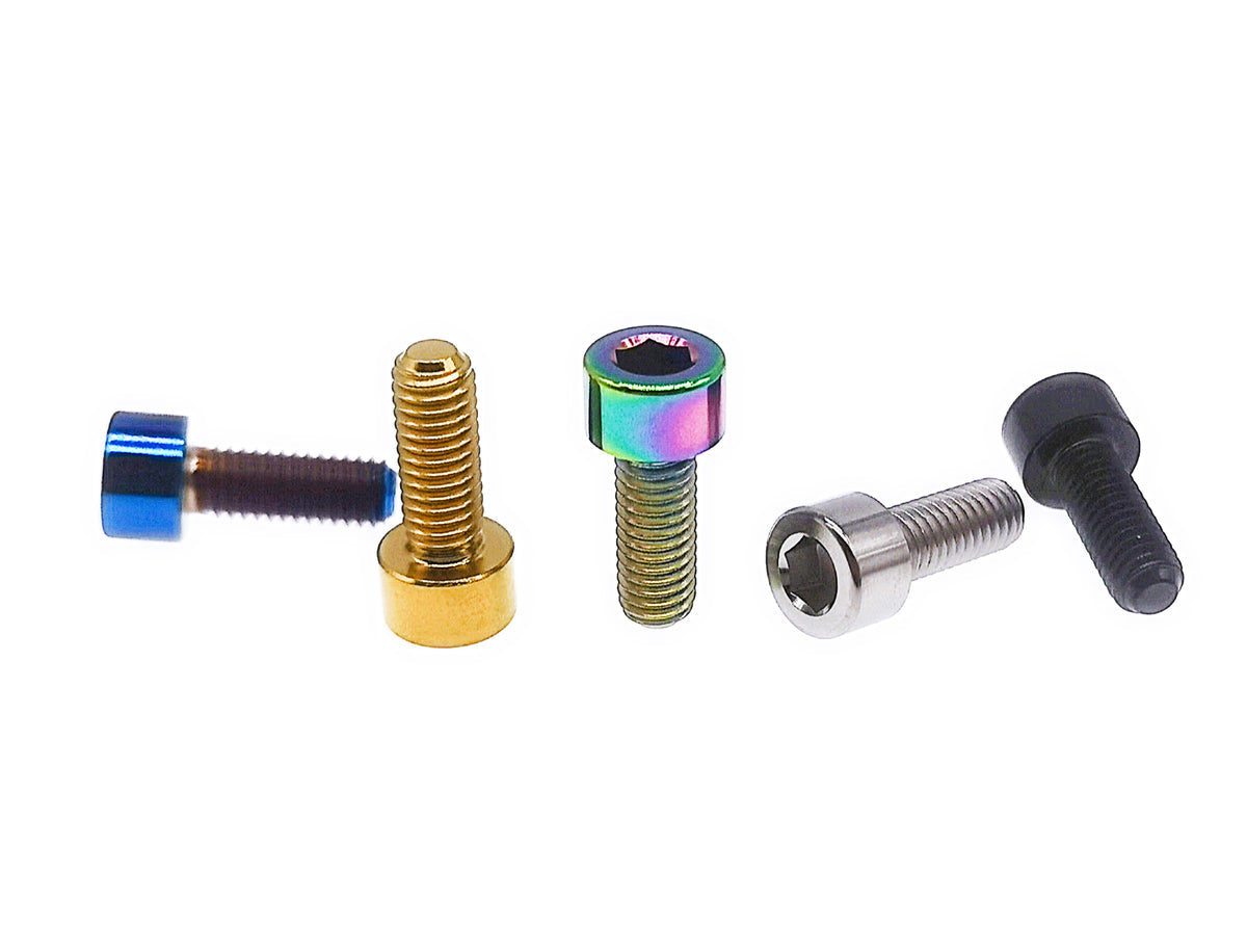 Titanium M6 socket cap screws in blue, gold, rainbow, natural and black finishes