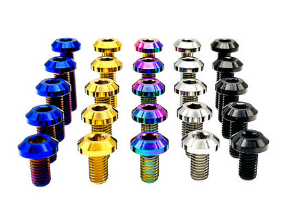 Titanium M6 and M6 umbrella head bolts in five colours and five lengths for disc brakes