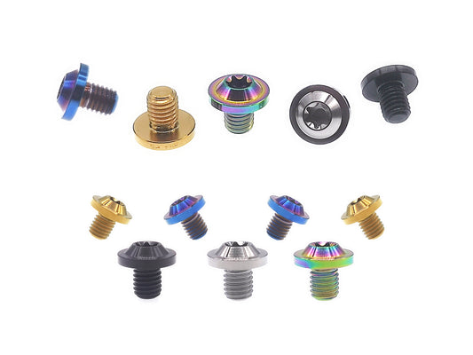 Titanium M8 flying saucer Torx T40 head bolts shown in five anodized finishes