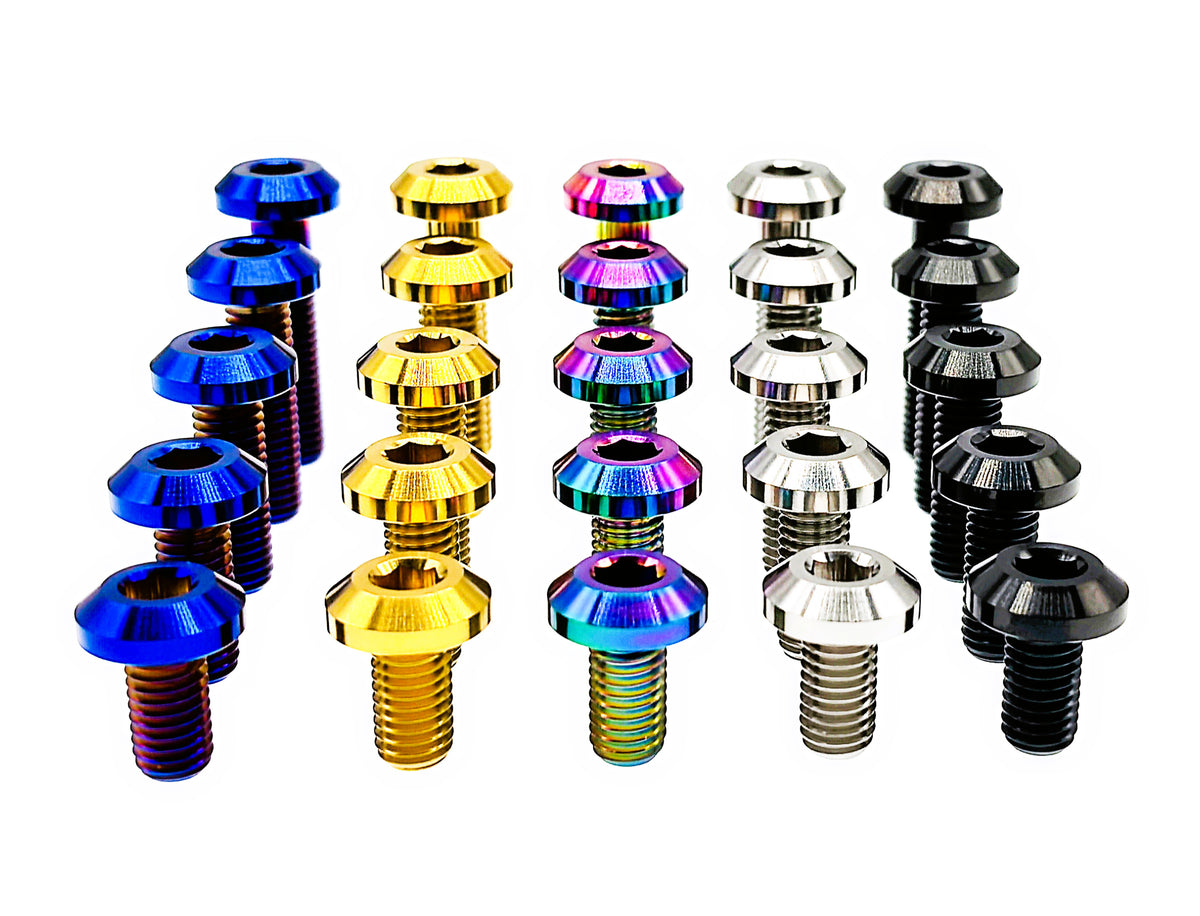 Titanium M8 and M8 umbrella head bolts in five colours and five lengths for disc brakes